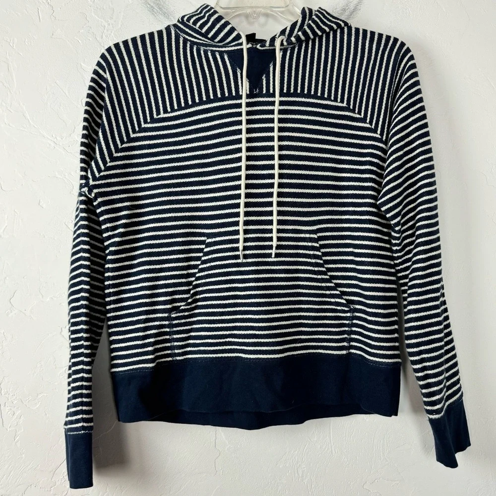 J Crew Hoodie Pullover Sweatshirt Sweater Striped Print Navy Blue Ivory Terry - Picture 1 of 9